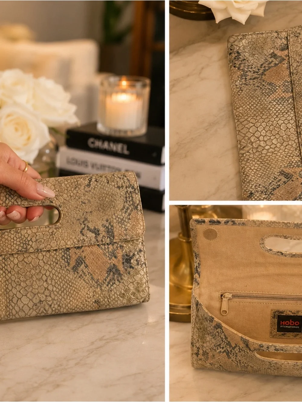 HOBO Tan Snake-Print Leather Clutch with Cutout Handle